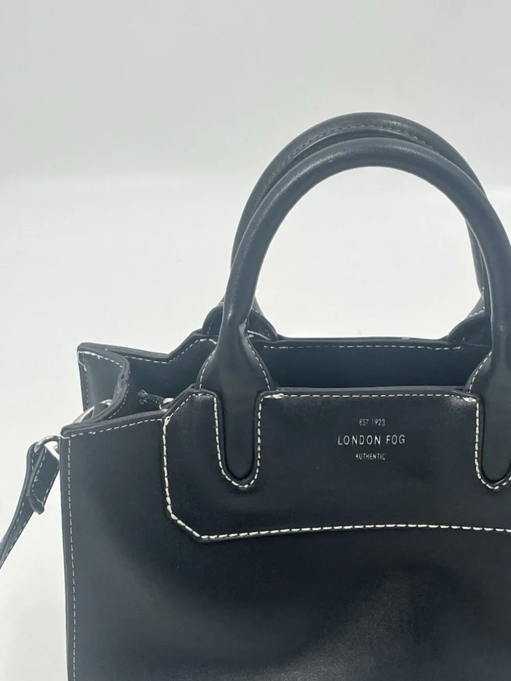 London Fog Black Structured Satchel Contrast Stitch Crossbody Purse Quiet Luxury